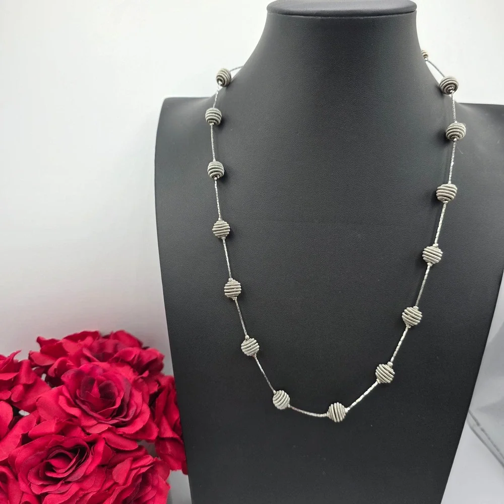 Trifari Silver Tone Station Necklace Coiled Wire Beehive Beads 24 Inch Classic